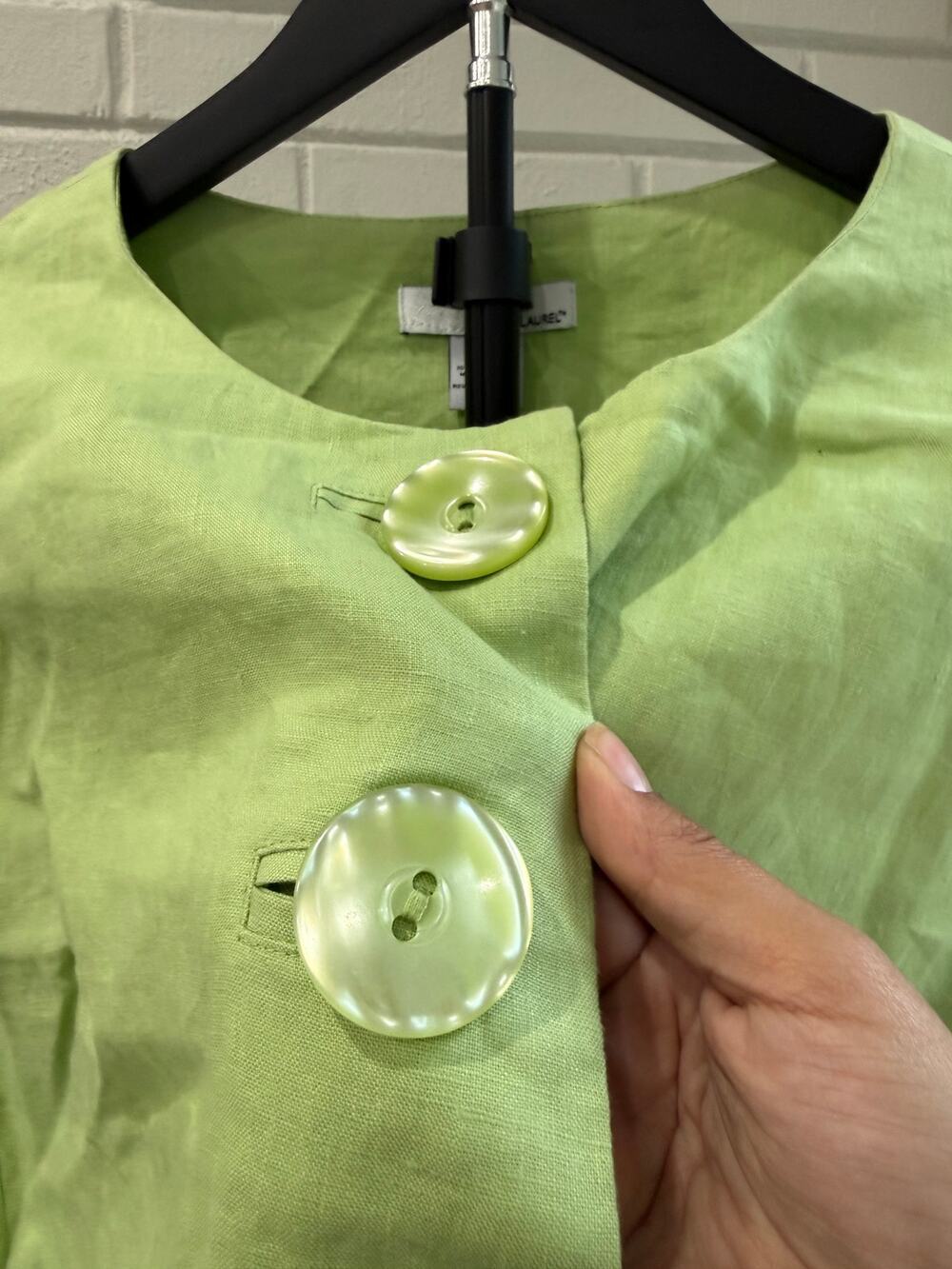 Pistachio Green Linen Jacket Women M Statement Button Artsy Lagenlook